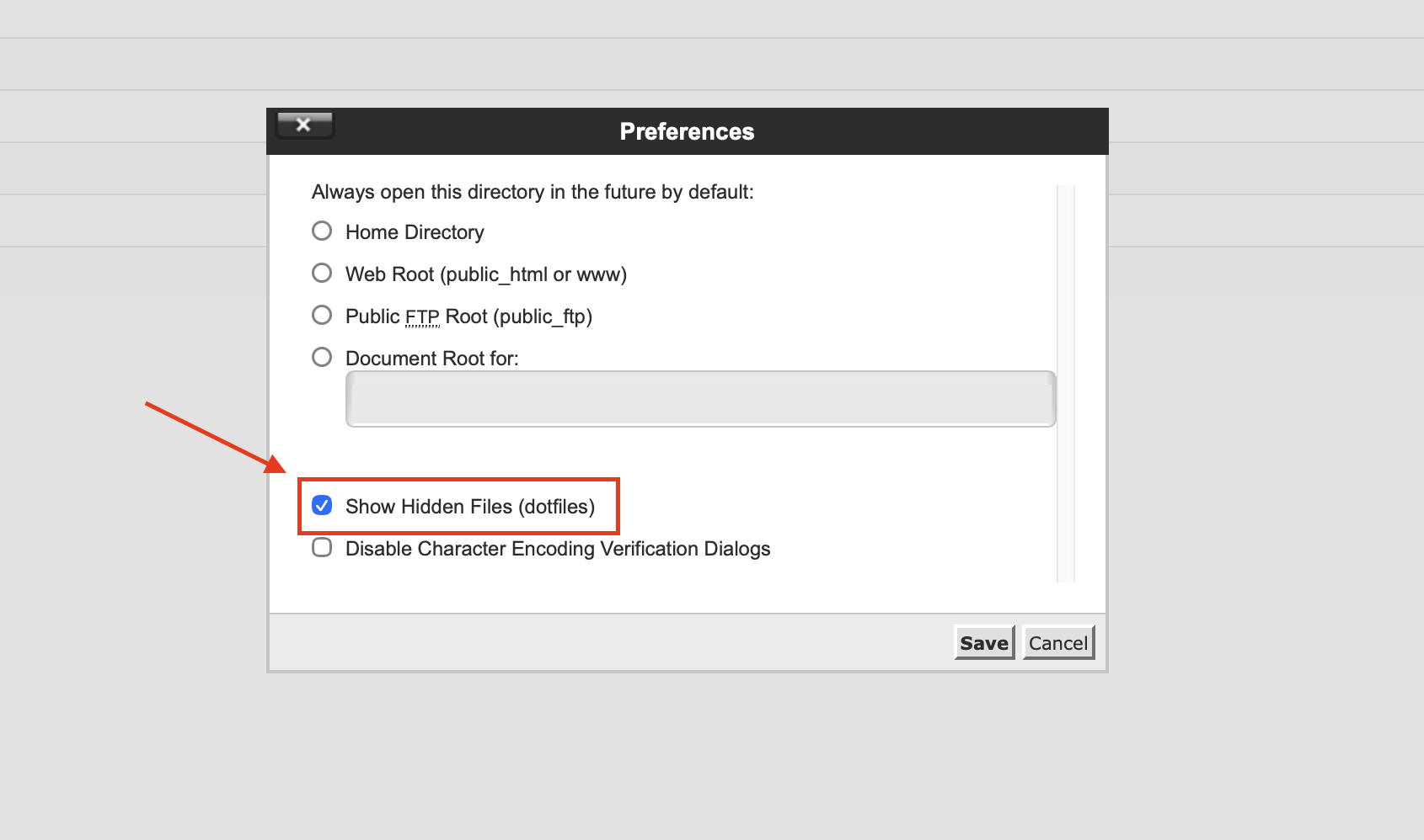 FileManager Settings to enable the dotfiles visualization