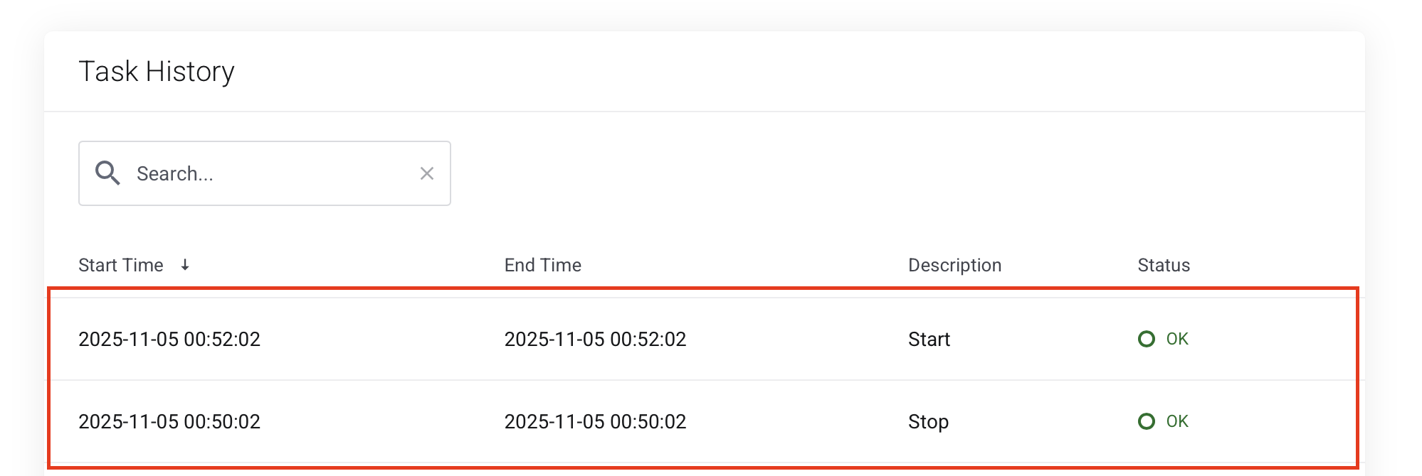 Task History with Stop/Start actions