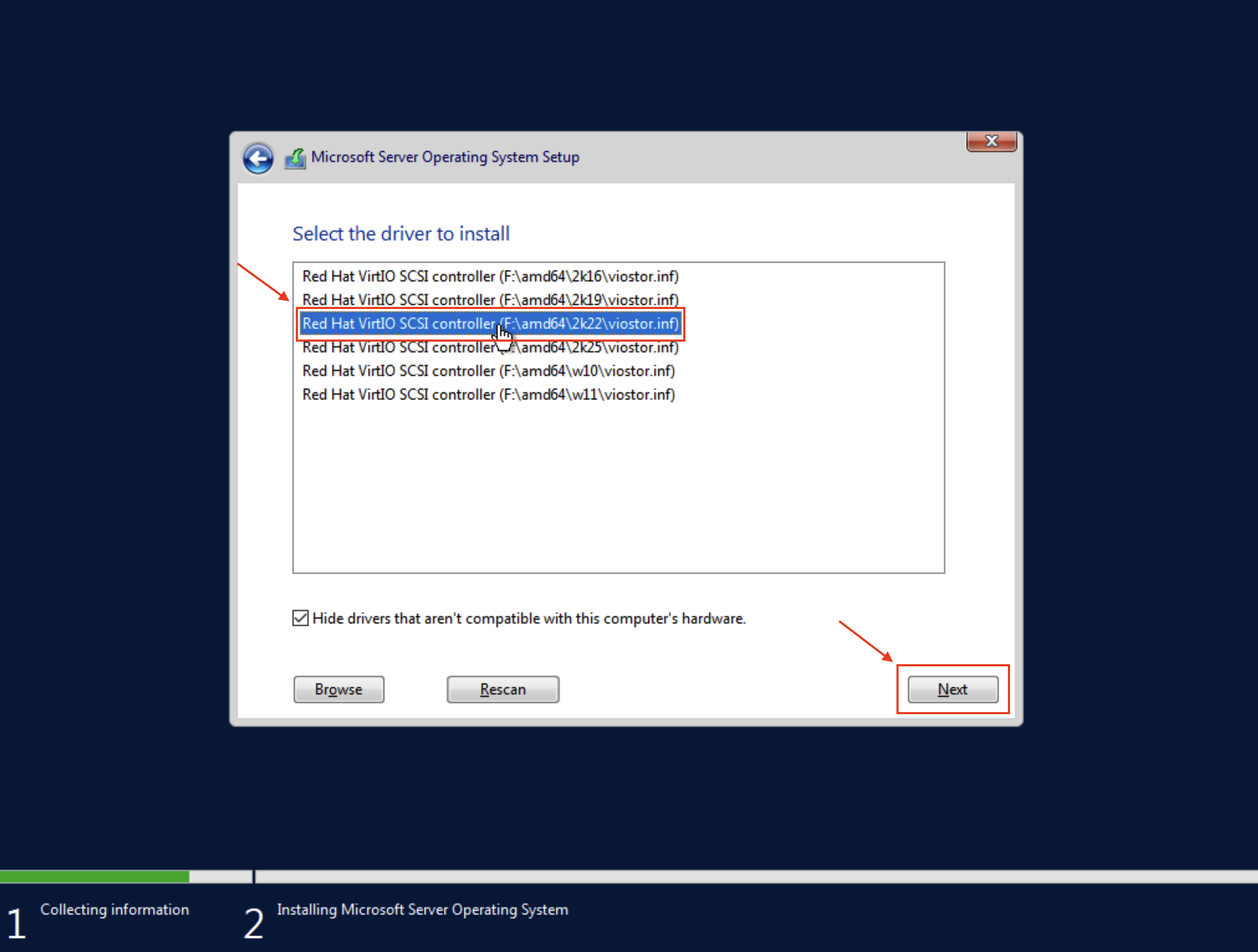 Windows 2k22 driver selection