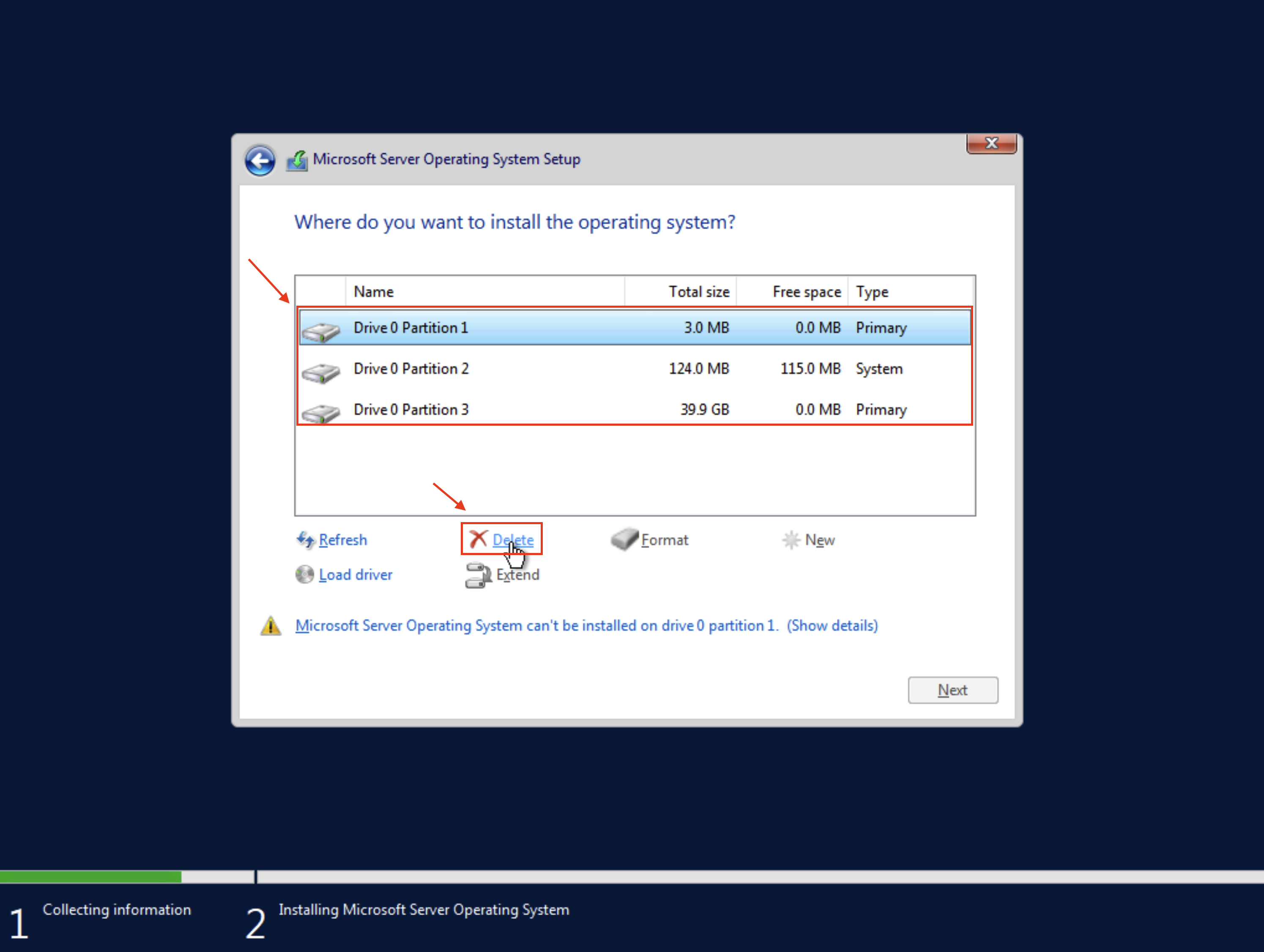 Partitions page, delete button