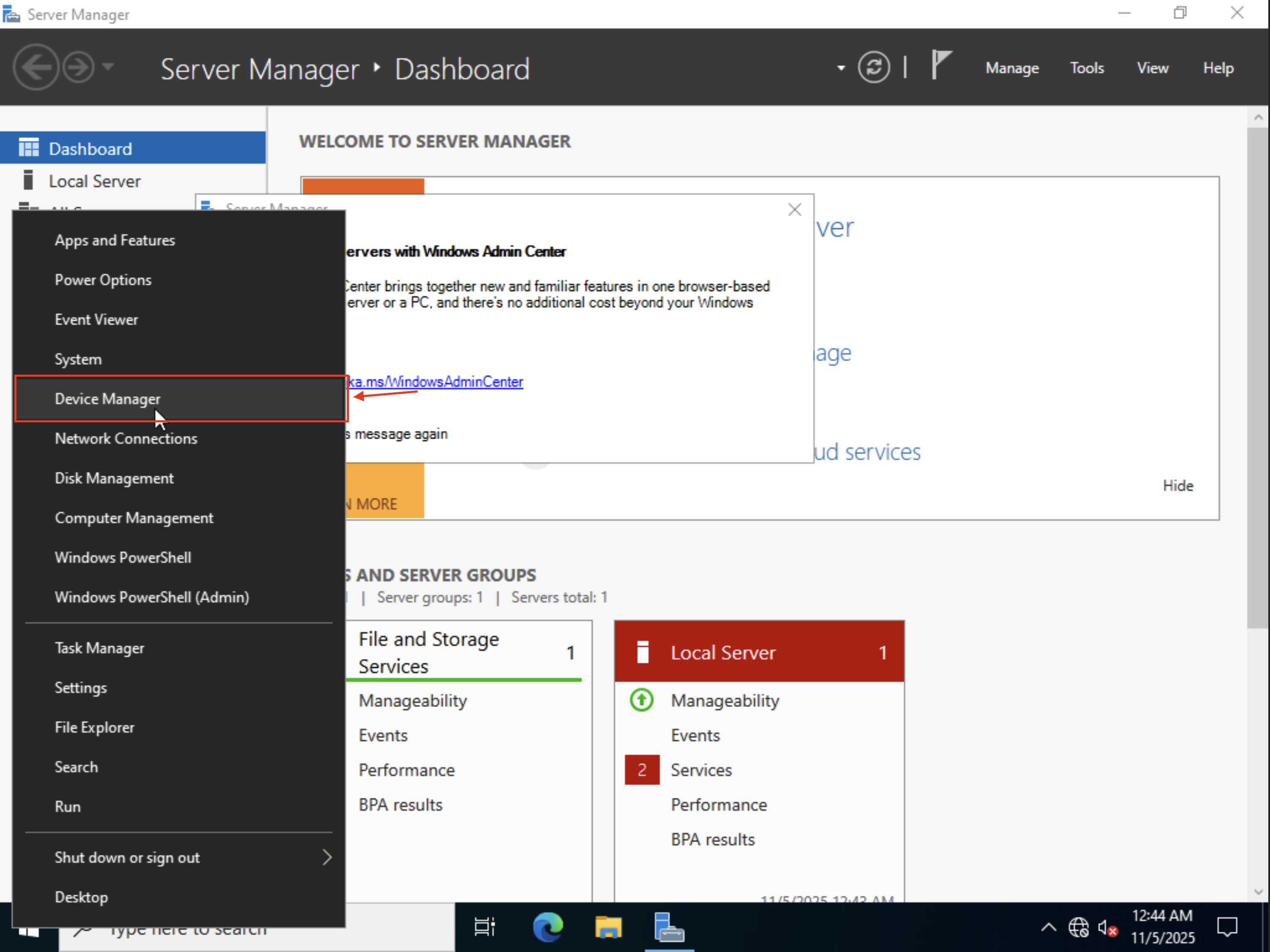 Device manager button location