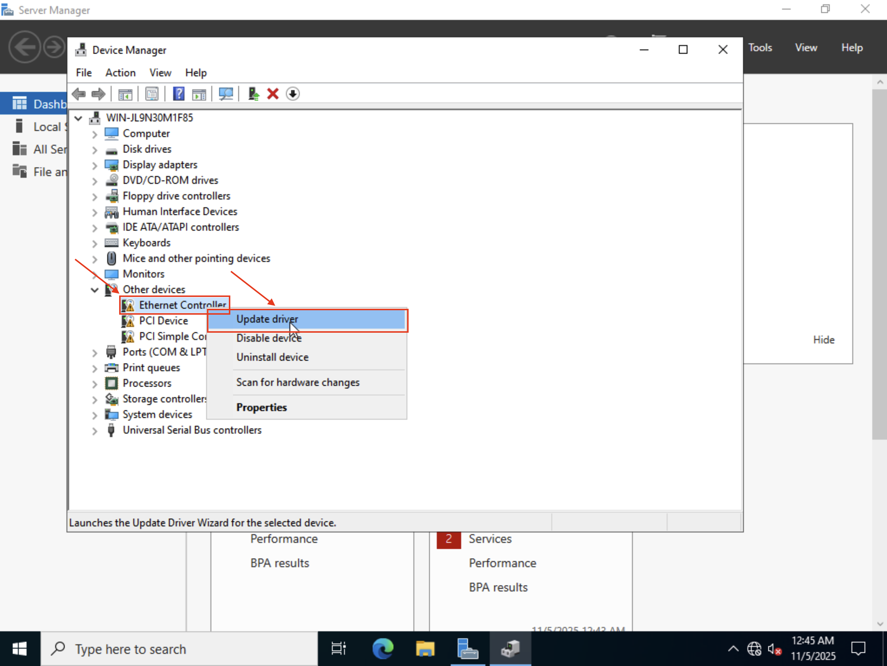 Ethernet controller update drivers dropdown