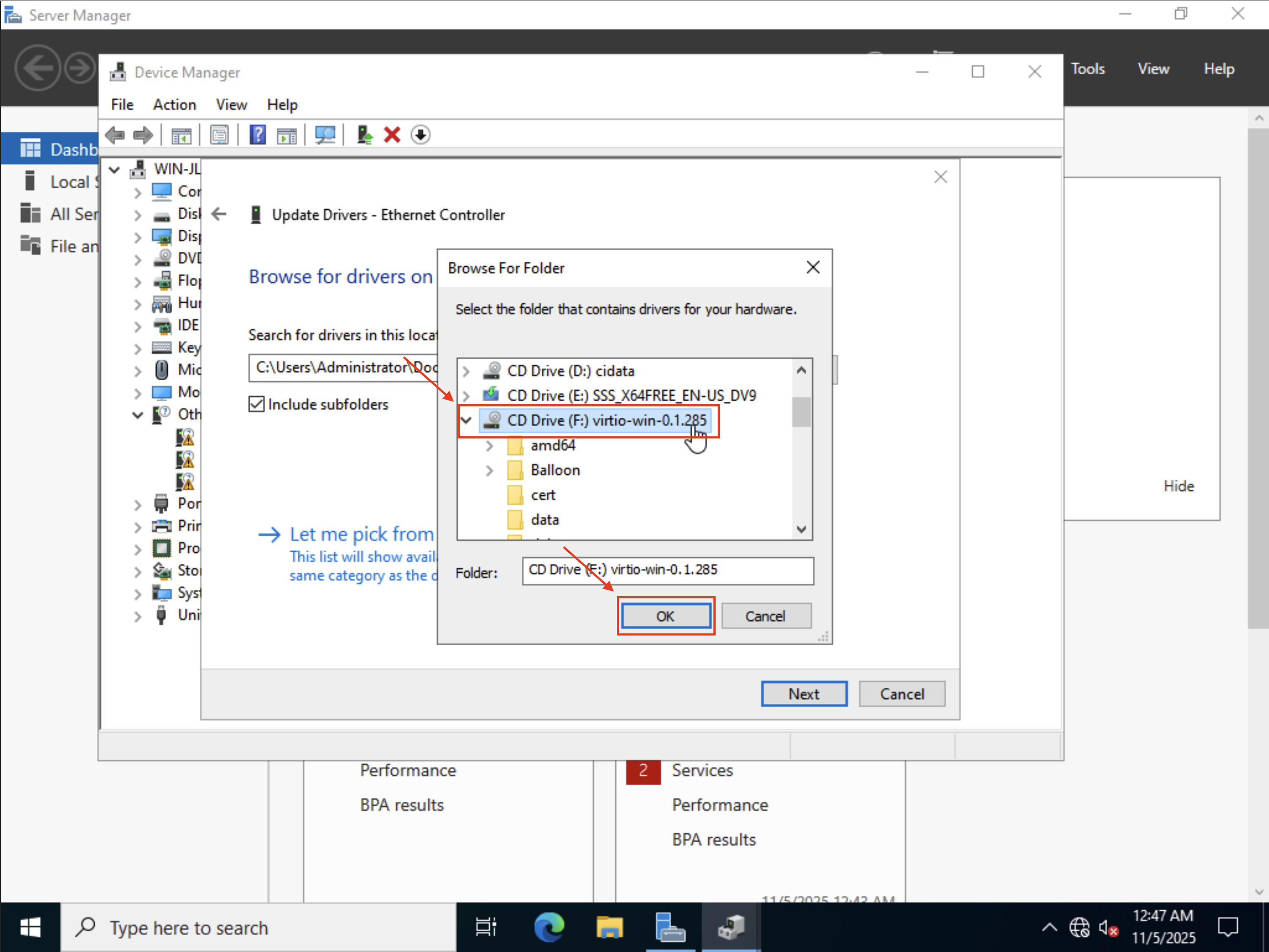 virtio-win location selection from pop-up